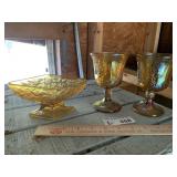(2) Amber Carnival Glasses & (1) Candy Dish