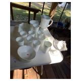 White Milk Glass Pitcher, Glasses, etc
