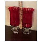 (2) Ruby Red Glass Pedestal Hurricane Vases