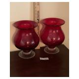 (2) Ruby Red Glass Pedestal Hurricane Vases