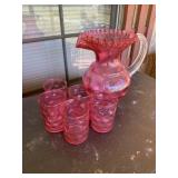 Fenton?Cranberry Coin Dot Glass Pitcher & Tumblers