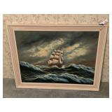 Wall Art Oil on Canvas  Ship at Sea approx 36 x 28