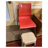 Red Plastic Chair w/Metal Legs & Plastic Stool