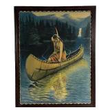Female Indian in Canoe Antique Art Print