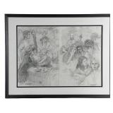 Figural Graphite Drawings Diptych Signed Hrasek