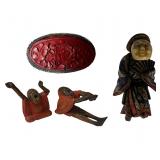 Asian Carvings - Meiji Figures & Cinnabar Brooch
