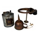 Antique Brass Car Horn, Fuel Can & Copper Funnel