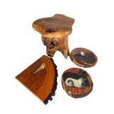 Live-Edge Teak Root Stool & Hand-Painted Wood Sli