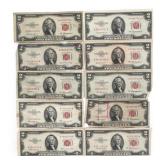 1953 US RED SEAL 2 DOLLAR NOTES, 1 WITH STAR