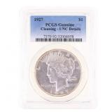 1927 US SILVER PEACE DOLLAR COIN PCGS CLEANING - U