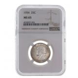 1954 US SILVER WASHINGTON 25C COIN NGC MS 65