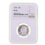 1950 US SILVER WASHINGTON 25C COIN NGC PF 67