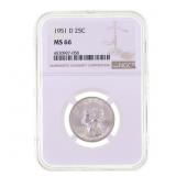 1951-D US SILVER WASHINGTON 25C COIN NGC MS 66