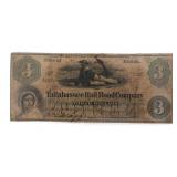 1868 OBSOLETE $3 TALLAHASSEE RAILROAD COMPANY NOTE