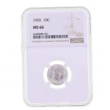1955 US SILVER ROOSEVELT DIME 10C COIN NGC MS 66