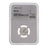 1955-S US SILVER ROOSEVELT DIME 10C COIN NGC MS 66