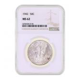 1942 US SILVER WALKING LIBERTY 50C COIN NGC MS62