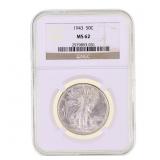 1943 US SILVER WALKING LIBERTY 50C COIN NGC MS62