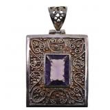 STERLING SILVER RECTANGULAR PENDANT WITH PURPLE GL