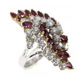 14K WHITE GOLD DIAMOND & RUBY CLUSTER COCKTAIL RIN