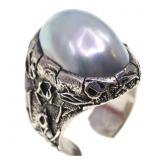 STERLING SILVER GREY MOTHER-OF-PEARL ADJUSTABLE RI