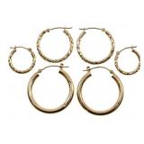 14K YELLOW GOLD HOLLOW HOOP EARRINGS - 3 PAIRS