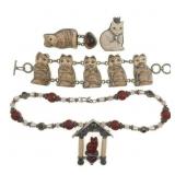 STERLING SILVER & CARVED BONE CAT THEME JEWELRY