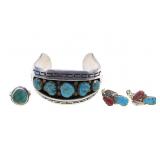 STERLING SILVER & TURQUOISE BRACELET, EARRINGS & R