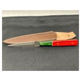 Damascus Steel Knife with Red-Green Handle