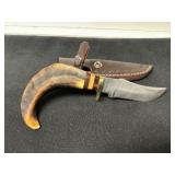 Knife with Horn Handle and Leather Sheath