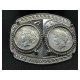 Silver Belt Buckle with Peace Dollars