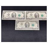Lot of 3 $2 Federal Reserve Notes