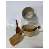 Lot of Mixing Bowls and Wooden Paddles