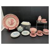 Collection of Red and Blue Transferware Items