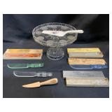 Glass Cake Stand with Knives Lot