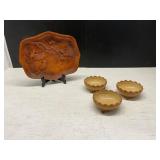 Carved Wooden Tray with Three Bowls Set