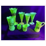 Set of Vaseline Glass Souvenir Pieces