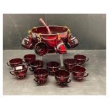Ruby Red Glass Punch Bowl Set