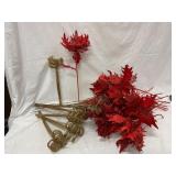 18in Red Poinsettia Picks and Gold Stems