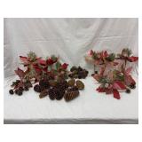 Holiday Decor Lot With Pinecones and Faux Flowers