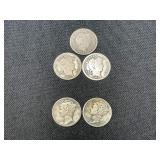 3 Barber Dimes and 2 Mercury Dimes