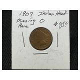 1907 Indian Head Penny Missing ï¿½Oï¿½