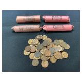Four Rolls and Loose U.S. Pennies