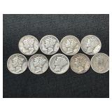 Nine Mercury Dimes, Various Dates