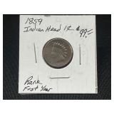 1859 Indian Head One Cent Coin, First Year