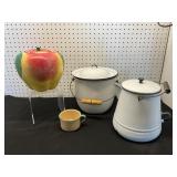 Enamelware Lot with Ceramic Apple Jar