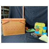 Mid-Century Picnic Basket and Dinnerware