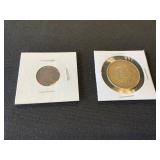 Two Encased Coins: Liberty and One Cent