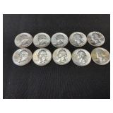 Ten 1964 Washington Silver Quarters