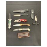 Knife Collection with Sheaths and Tools